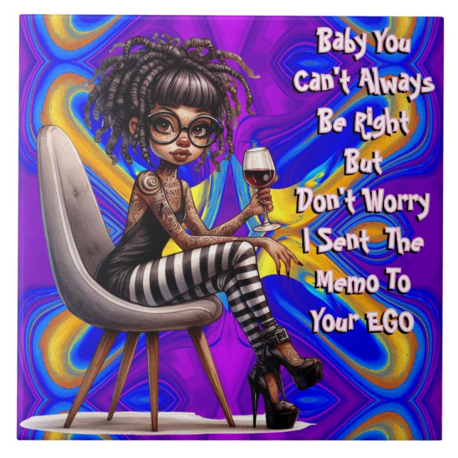 Quirky Lady Tattoo & Wine EGO Memo Ceramic Tile (Front)