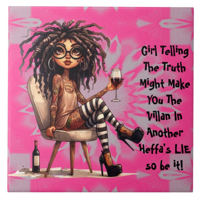 Quirky Lady Tattoo & Wine Truth Ceramic Tile (Front)