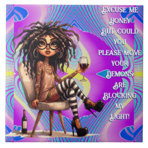 Quirky Lady Tattoos & Wine Light Ceramic Tile