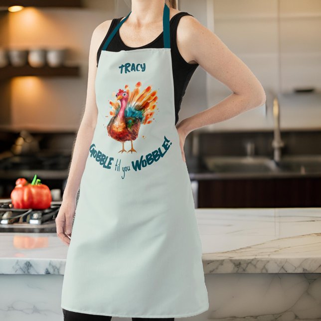 Quirky  Light Green Watercolor Turkey Thanksgiving Apron ("Gobble til you Wobble" festive light green apron with a watercolor turkey.)