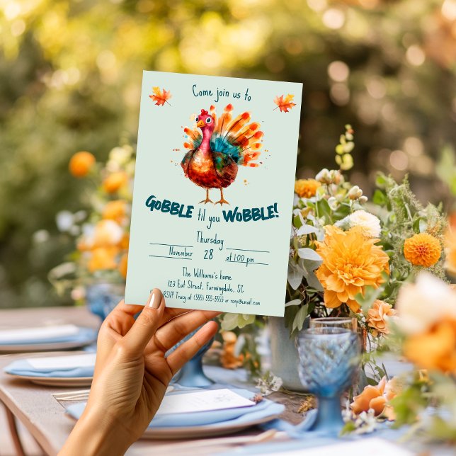 Quirky Light Green Watercolor Turkey Thanksgiving Invitation (Gobble til you wobble sage thanksgiving invitation outdoor scene)