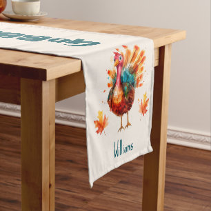 Quirky Light Peach Watercolor Turkey Thanksgiving Short Table Runner