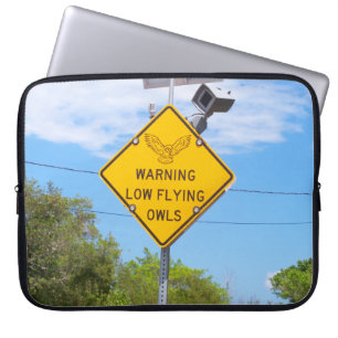 Quirky Low Flying Owls sign on a laptop case