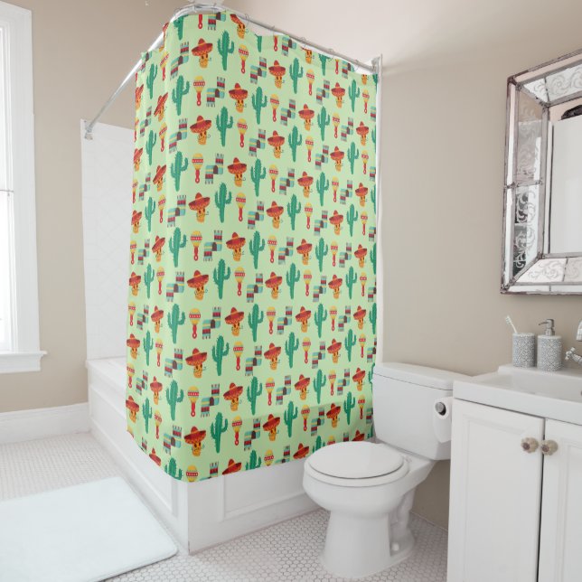 Quirky Mexican Cactus and Sombrero Pattern Shower Curtain (In Situ)