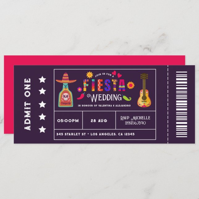 Quirky Mexican Fiesta Ticket-Style Wedding Invitation (Front/Back)