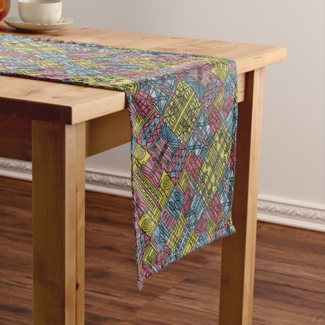 Quirky-Modern Bauhaus Geometric Pattern Short Table Runner (In Situ)