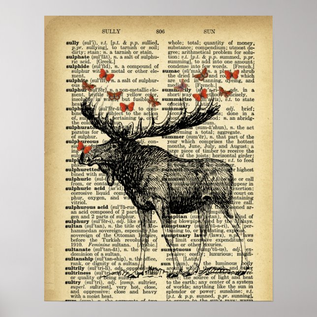 Quirky Moose Apples Antique Dictionary Page Art Poster (Front)