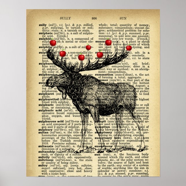 Quirky Moose Butterflies Antique Dictionary Page Poster (Front)