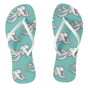 Quirky Octopus Sketches Pattern Teal Thongs