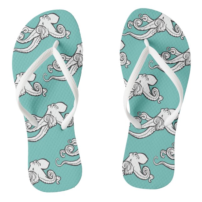 Quirky Octopus Sketches Pattern Teal Thongs (Footbed)