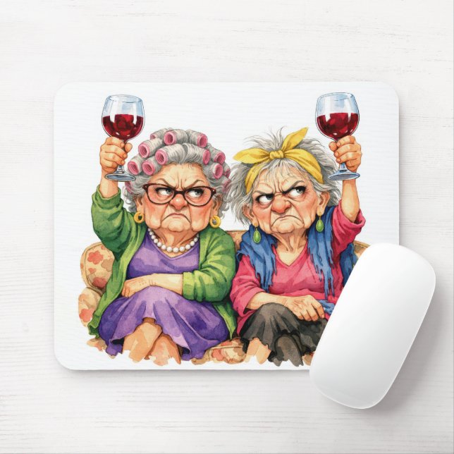 Quirky Old Ladies with Red Wine Mouse Pad (With Mouse)
