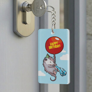 Quirky Opossum Happy Birthday! Floating Balloon Key Ring