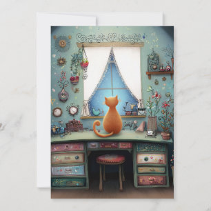 Quirky Orange Cat at a Window Hello Flat Card
