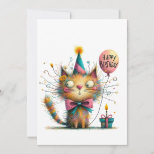 Quirky Orange Cat with Party Hat and Cake Birthday Card