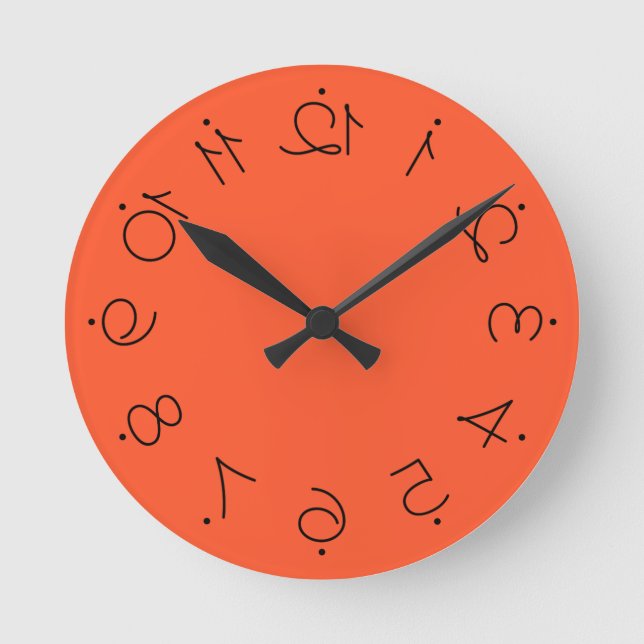 Quirky Orange With Flipped Twisted Numbers Round Clock (Front)