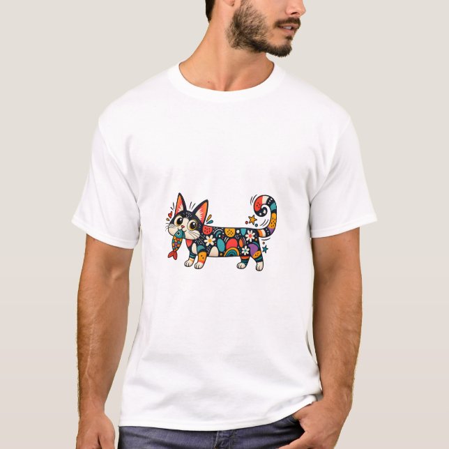 Quirky Patterned Cat T-Shirt (Front)