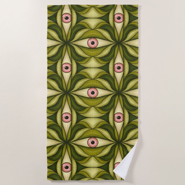 Quirky Pink Eyes And Green Botanicals Pattern Beach Towel (Front)