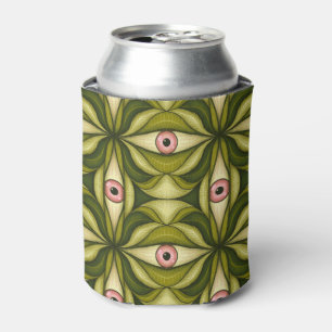 Quirky Pink Eyes And Green Botanicals Pattern Can Cooler