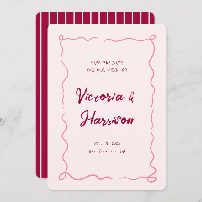 Quirky Pink Hand Drawn Wavy Squiggle Border  Save The Date (Front/Back)