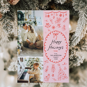 Quirky Pink Red Hand Drawn Happy Holidays 2 Photo Holiday Card