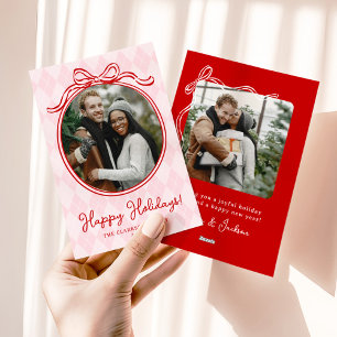 Quirky Pink & Red Whimsical Bow Happy Holidays Holiday Card