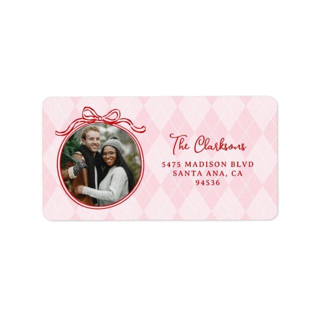 Quirky Pink & Red Whimsical Bow Happy Holidays Label (Front)