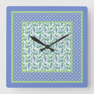 Quirky Polka Dots and Snowdrops on Blue Border Square Wall Clock