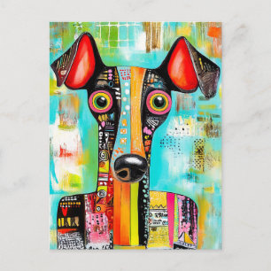 quirky pop-art dog face in bold colors, designed  postcard