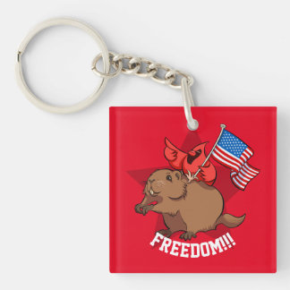 Quirky Red Cardinal & Groundhog Freedom! Cartoon Key Ring