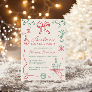 Quirky red green illustration Christmas Cocktail Invitation