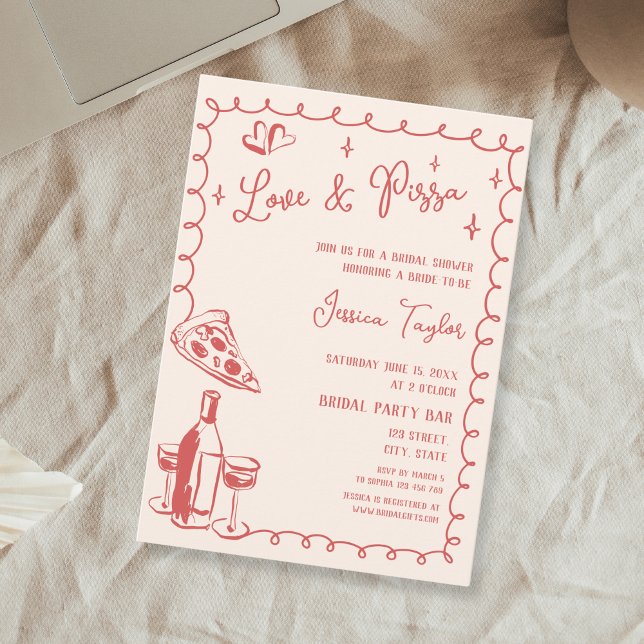 Quirky Red Hand Drawn Bridal Brunch Love & Pizza Invitation ("love and pizza" text and quirky hand drawn pizza and vino, red on blush pink)