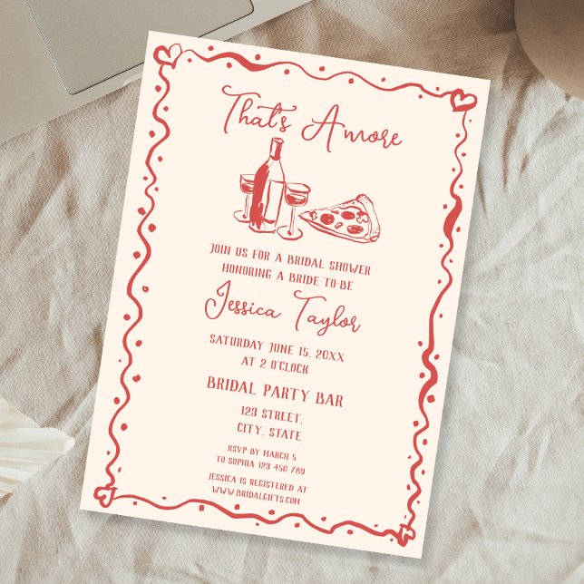 Quirky Red Hand Drawn Bridal Brunch That's Amore Invitation (red hand drawn wine bottle and pizza slice bridal shower invitation)