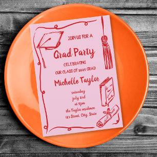 Quirky Red Pink Unique Hand Drawn Grad Party Invitation
