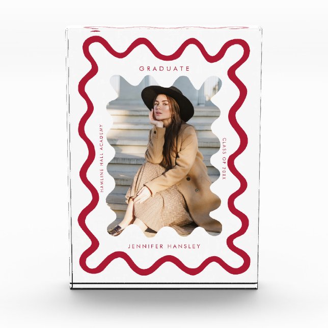 Quirky Red Wavy Line Graduate Keepsake Photo Block (Front)