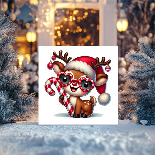 Quirky Reindeer in Santa Hat with Candy Cane Holiday Card