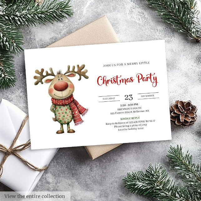 Quirky Reindeer Modern Red Green Celebration  Invitation (Quirky Reindeer Modern Red Green Celebration Invitation

)
