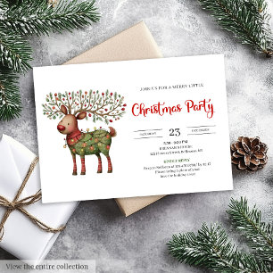 Quirky Reindeer watercolor red green Christmas Invitation
