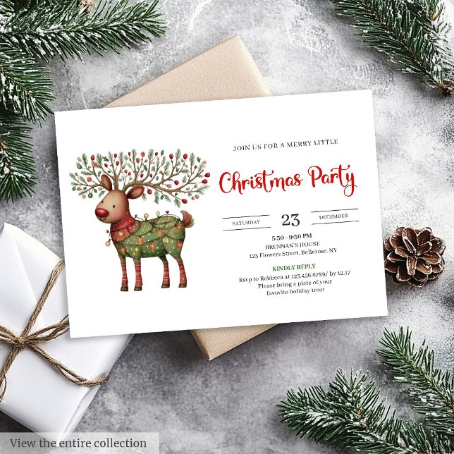 Quirky Reindeer watercolor red green Christmas  Invitation (Quirky Reindeer watercolor red green Christmas invite)