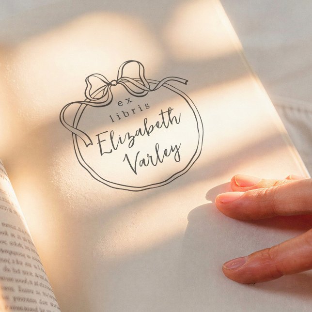 Quirky Retro Bow Frame Calligraphy Ex Libris Book Rubber Stamp (Creator Uploaded)