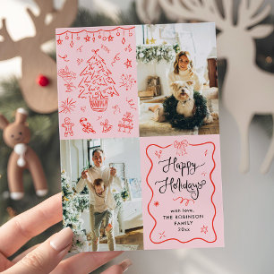 Quirky Script Retro Merry Christmas Bows 2 Photo Holiday Card