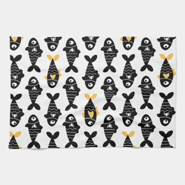 Quirky Seamless Black Fish Pattern Kitchen Towels (Horizontal)