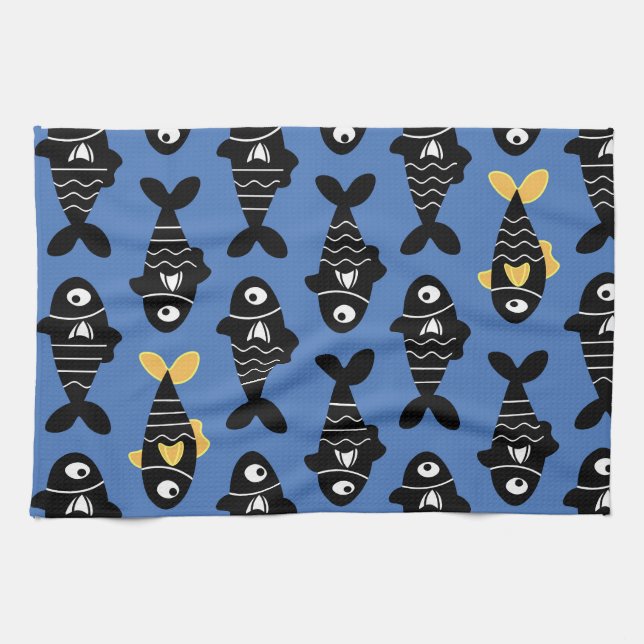 Quirky Seamless Black Fish Pattern Kitchen Towels (Horizontal)