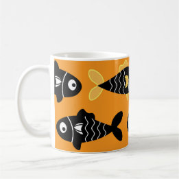 Quirky Seamless Black Fish Pattern with Yellow Coffee Mug