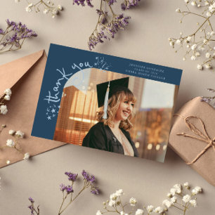 Quirky Stars Navy Blue Grad Photo Thank You Announcement