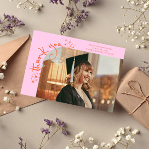 Quirky Stars Orange Pink Grad Photo Thank You Announcement