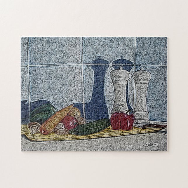quirky still life art of peppers courgette carrots jigsaw puzzle (Horizontal)