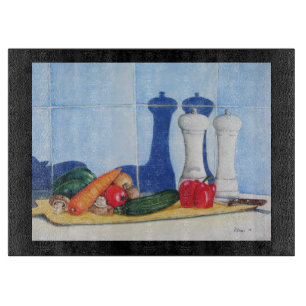 quirky still life painting of vegatables  cutting board