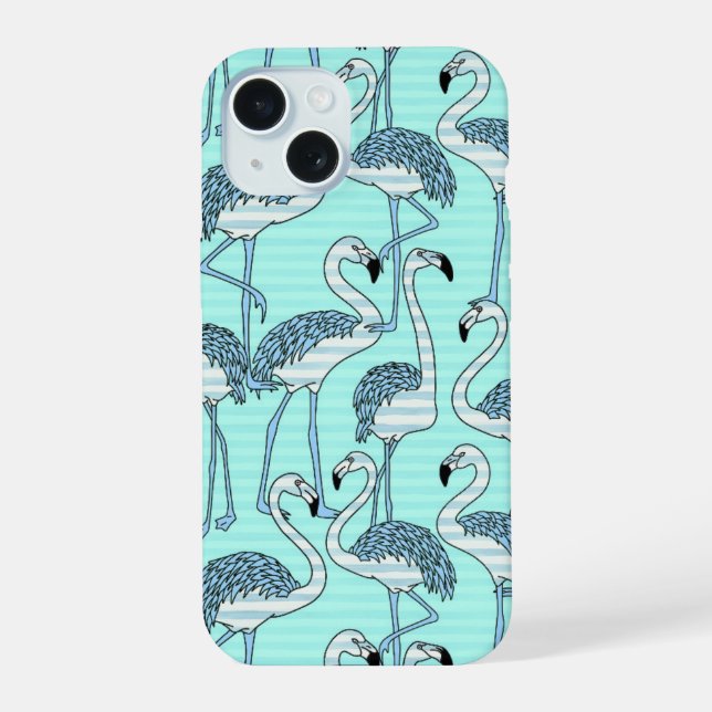 Quirky Striped Turquoise Flamingos Pattern iPhone 15 Case (Back)