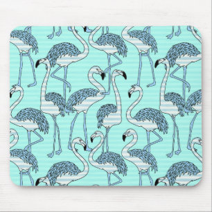 Quirky Striped Turquoise Flamingos Pattern Mouse Pad