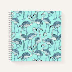 Quirky Striped Turquoise Flamingos Pattern Notebook